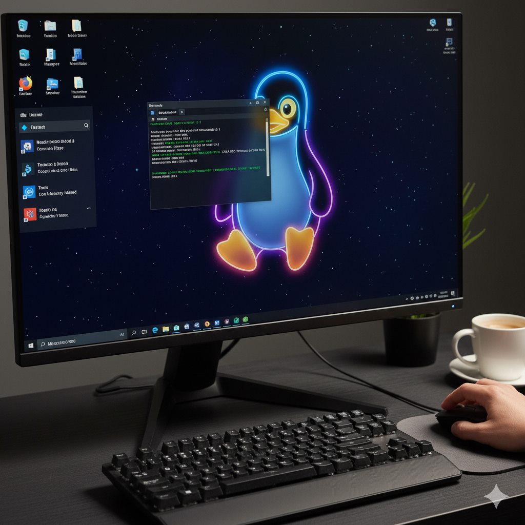 Custom desktop PC build with neon lighting and a mechanical keyboard