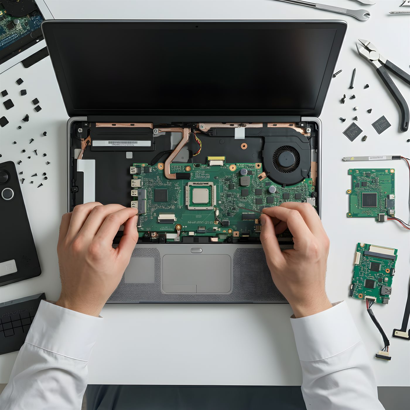 Open laptop being repaired top-down with repair tools