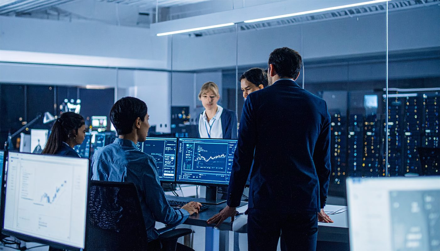 Dark high-tech operations room with data dashboards used for AI automation setup in Bendigo