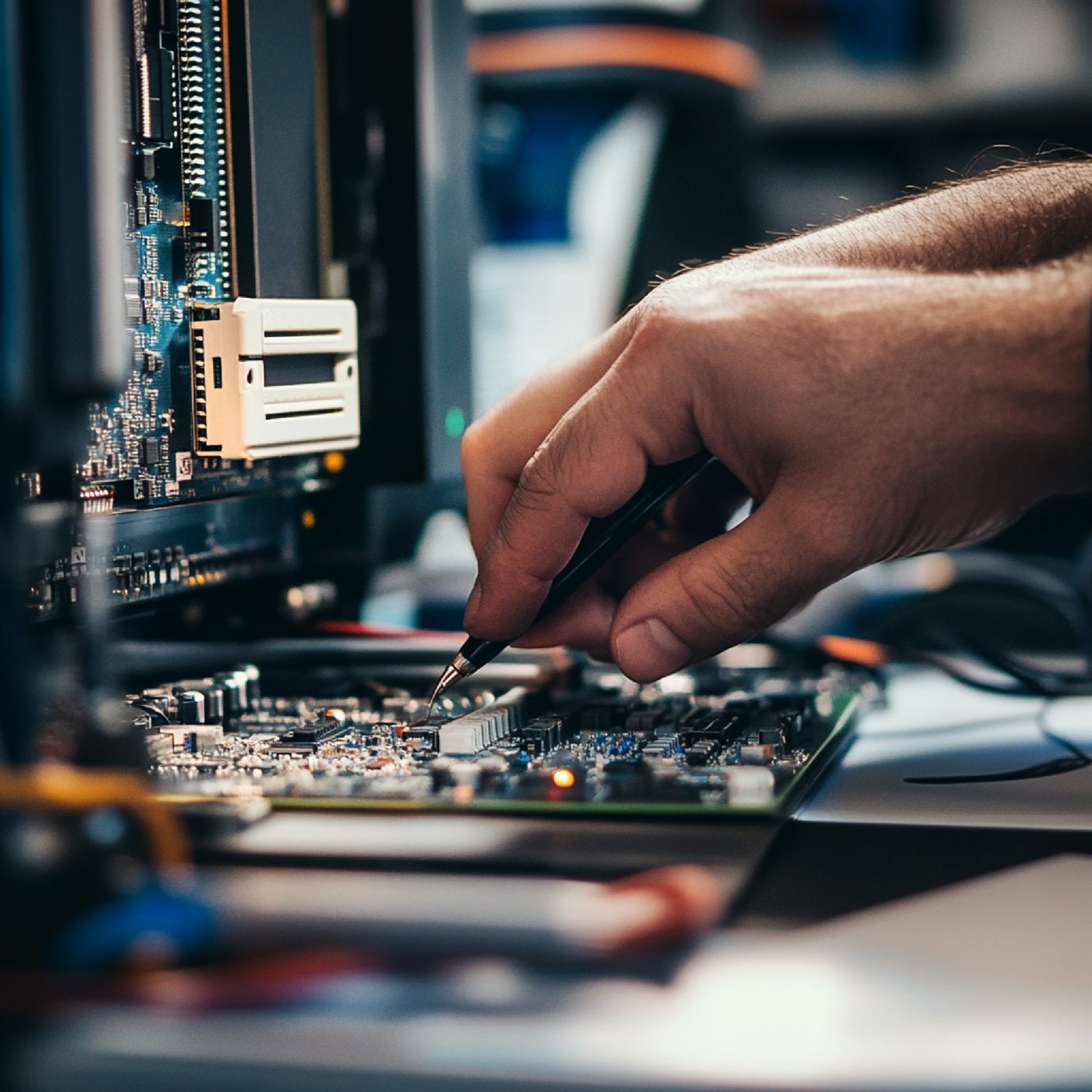 Coltin technician soldering a circuit board during a Bendigo computer repair
