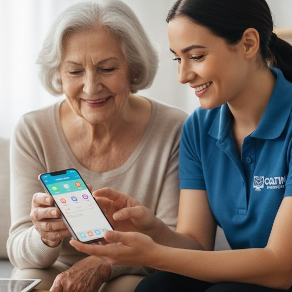 Coltin technician patiently helping a customer with their device in Bendigo