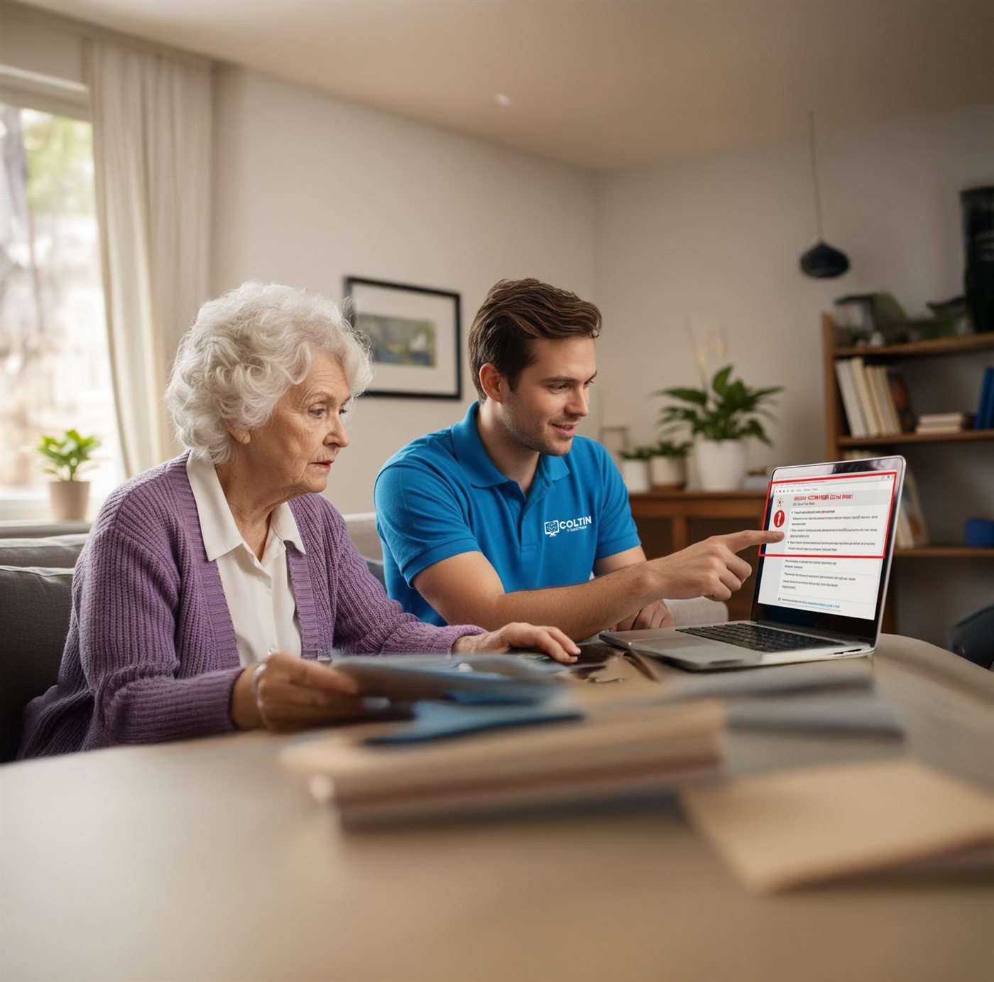 Coltin technician helping a senior with a laptop at home in Bendigo